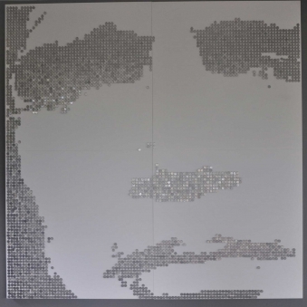 MAK ONE – 2013 MAK ONE – 2013 - Guatemalan coins and stainless steel nails on four white lacquered boards - 80” x 80” - US$13,500