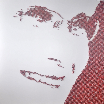 MOM – 2013 MOM – 2013 - Red shell hearts and stainless steel nails on white lacquered board - 60” x 60” - N/A