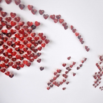 MOM DETAIL – 2013 MOM DETAIL – 2013 Red shell hearts and stainless steel nails on white lacquered board - 60” x 60” - N/A