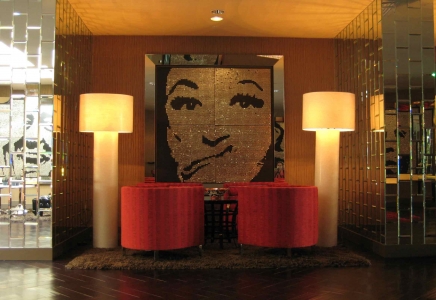 PHYLLIS – 2008 – HOTEL RIVIERA - Palm Springs, California - Guatemalan coins and stainless steel nails on four black stained boards  - 80” x 80” 